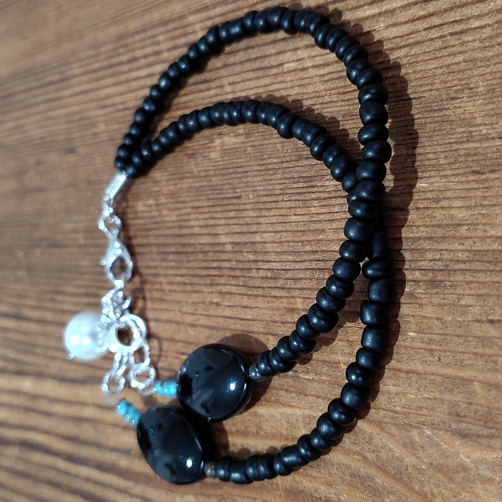Ladies Double Strand Black Beaded Bracelet, Handmade Ladies Bracelet - Picture 5 of 8